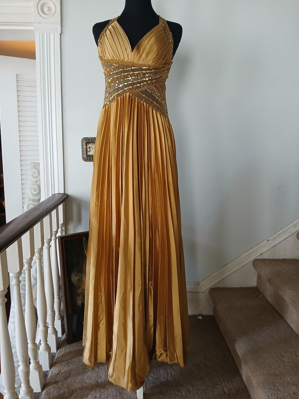 Lara Design Gold Pleated V-Neck Sequin Waist Maxi Dress 6